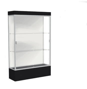 Edge Lighted Floor Display Case, 12" Black Base w/ White Back and Satin Natural Aluminum Frame, 76"H x 48"W x 20"D - Click to enlarge