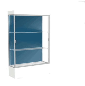Edge Lighted Floor Display Case, 12" Frosty White Base w/ Blue Steel Back and Satin Natural Aluminum Frame, 76"H x 48"W x 20"D - Click to enlarge