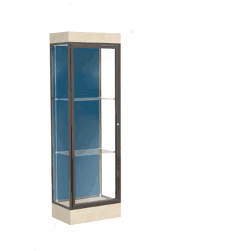 Edge Lighted Floor Display Case, 6" Beigewood Base w/ Blue Steel Back and Dark Bronze Aluminum Frame, 76"H x 24"W x 20"D - Click to enlarge