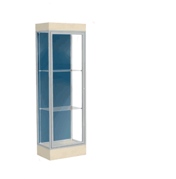 Edge Lighted Floor Display Case, 6" Beigewood Base w/ Blue Steel Back and Satin Natural Aluminum Frame, 76"H x 24"W x 20"D - Click to enlarge