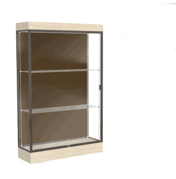 Edge Lighted Floor Display Case, 6" Beigewood Base w/ Chocolate Back and Dark Bronze Aluminum Frame, 76"H x 48"W x 20"D - Click to enlarge