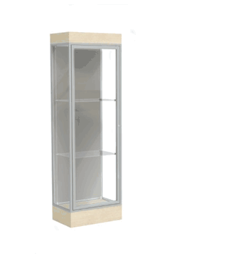 Edge Lighted Floor Display Case, 6" Beigewood Base w/ Harbor Back and Satin Natural Aluminum Frame, 76"H x 24"W x 20"D - Click to enlarge