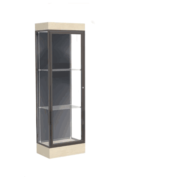 Edge Lighted Floor Display Case, 6" Beigewood Base w/ Slate Back and Dark Bronze Aluminum Frame, 76"H x 24"W x 20"D - Click to enlarge