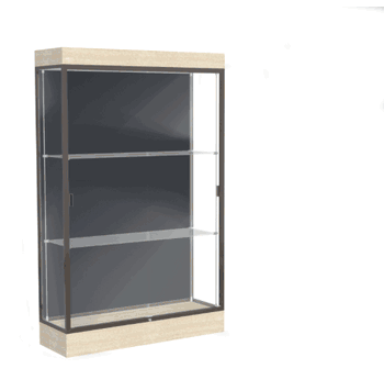 Edge Lighted Floor Display Case, 6" Beigewood Base w/ Slate Back and Dark Bronze Aluminum Frame, 76"H x 48"W x 20"D - Click to enlarge