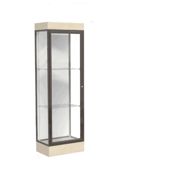 Edge Lighted Floor Display Case, 6" Beigewood Base w/ White Back and Dark Bronze Aluminum Frame, 76"H x 24"W x 20"D - Click to enlarge