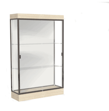 Edge Lighted Floor Display Case, 6" Beigewood Base w/ White Back and Dark Bronze Aluminum Frame, 76"H x 48"W x 20"D - Click to enlarge