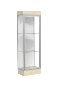 Edge Lighted Floor Display Case, 6" Beigewood Base w/ White Back and Satin Natural Aluminum Frame, 76"H x 24"W x 20"D - Click to enlarge
