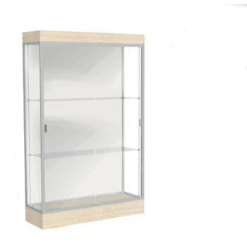 Edge Lighted Floor Display Case, 6" Beigewood Base w/ White Back and Satin Natural Aluminum Frame, 76"H x 48"W x 20"D - Click to enlarge