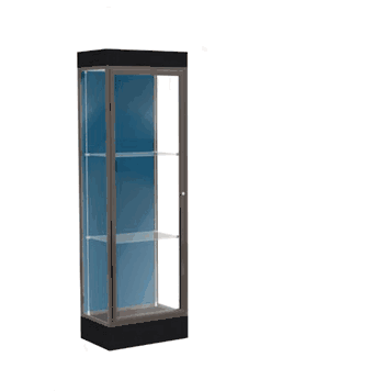 Edge Lighted Floor Display Case, 6" Black Base w/ Blue Steel Back and Dark Bronze Aluminum Frame, 76"H x 24"W x 20"D - Click to enlarge