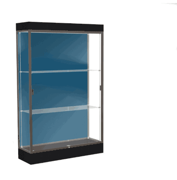 Edge Lighted Floor Display Case, 6" Black Base w/ Blue Steel Back and Dark Bronze Aluminum Frame, 76"H x 48"W x 20"D - Click to enlarge