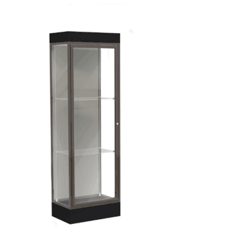 Edge Lighted Floor Display Case, 6" Black Base w/ Harbor Back and Dark Bronze Aluminum Frame, 76"H x 24"W x 20"D - Click to enlarge