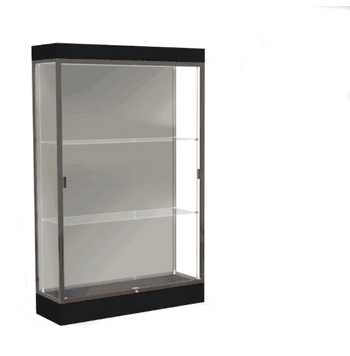 Edge Lighted Floor Display Case, 6" Black Base w/ Harbor Back and Dark Bronze Aluminum Frame, 76"H x 48"W x 20"D - Click to enlarge