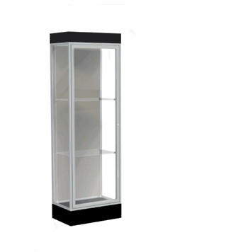 Edge Lighted Floor Display Case, 6" Black Base w/ Harbor Back and Satin Natural Aluminum Frame, 76"H x 24"W x 20"D - Click to enlarge