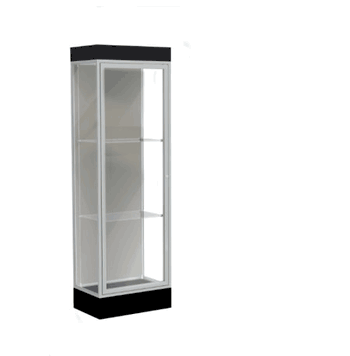 Edge Lighted Floor Display Case, 6" Black Base w/ Harbor Back and Satin Natural Aluminum Frame, 76"H x 24"W x 20"D - Click to enlarge