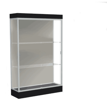 Edge Lighted Floor Display Case, 6" Black Base w/ Harbor Back and Satin Natural Aluminum Frame, 76"H x 48"W x 20"D - Click to enlarge