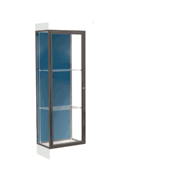 Edge Lighted Floor Display Case, 6" Frosty White Base w/ Blue Steel Back and Dark Bronze Aluminum Frame, 76"H x 24"W x 20"D - Click to enlarge