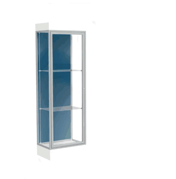 Edge Lighted Floor Display Case, 6" Frosty White Base w/ Blue Steel Back and Satin Natural Aluminum Frame, 76"H x 24"W x 20"D - Click to enlarge