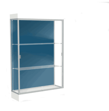 Edge Lighted Floor Display Case, 6" Frosty White Base w/ Blue Steel Back and Satin Natural Aluminum Frame, 76"H x 48"W x 20"D - Click to enlarge