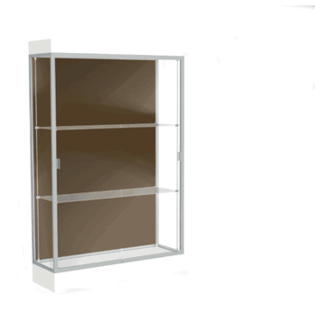 Edge Lighted Floor Display Case, 6" Frosty White Base w/ Chocolate Back and Satin Natural Aluminum Frame, 76"H x 48"W x 20"D - Click to enlarge