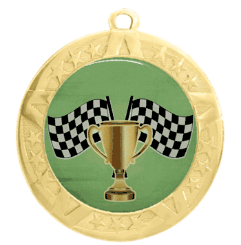 Epoxy Dome Gold Frame Insert Medal: Racing - Click to enlarge