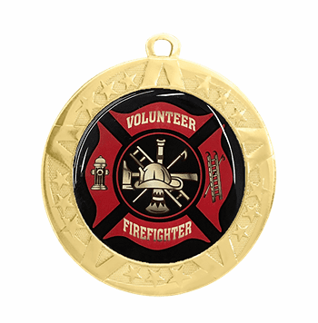 Volunteer Firefighter Epoxy Dome Insert Medal - Gold Frame, 2 3/4" - Click to enlarge