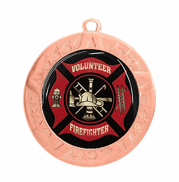 Volunteer Firefighter Epoxy Dome Insert Medal - Bronze Frame, 2 3/4" - Click to enlarge
