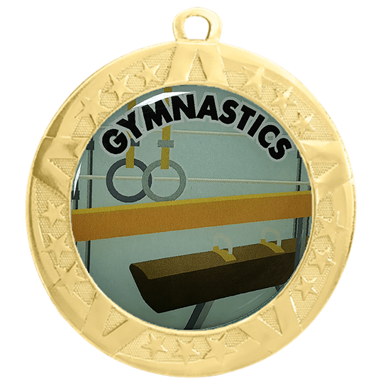 2 3/4 inch Gymnastics medals with a gold frame and 2 inch Epoxy dome