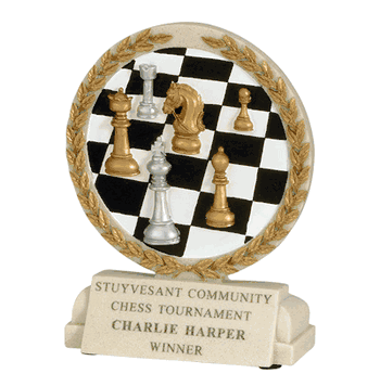 Hand-Painted Cast Stone Chess Trophy Featuring Pieces and Board - Click to enlarge