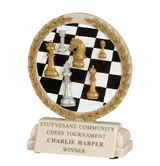 Hand-Painted Cast Stone Chess Trophy Featuring Pieces and Board