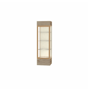 Keepsake Driftwood Oak Lighted Display Case w/ Plaque Fabric back and Champagne Aluminum Frame, 80"H x 24"W x 24"D - Click to enlarge