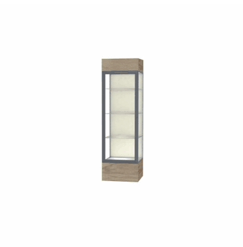 Keepsake Driftwood Oak Lighted Display Case w/ Plaque Fabric back and Satin Natural Aluminum Frame, 80"H x 24"W x 24"D - Click to enlarge