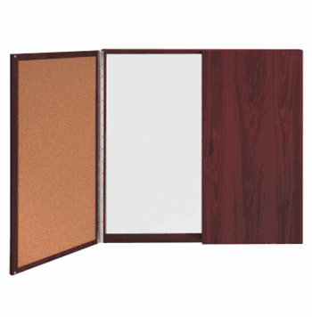 Magnetic Porcelain Whiteboard Cabinet with Cork Interior Doors, 4'H x 4'W, Mahogany - Click to enlarge