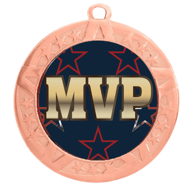 2 3/4 inch MVP Medals with a bronze frame and 2 inch Epoxy dome sticker