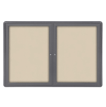 Ovation 2 Door Fabric Bulletin Board with Gray Frame, 3'H x 4'W, Beige - Click to enlarge