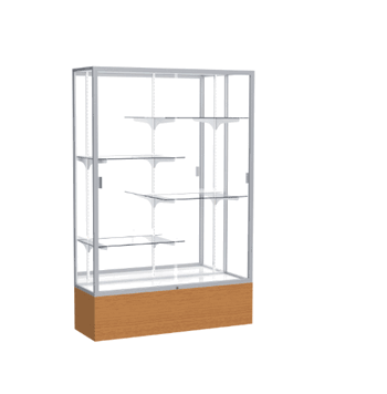Reliant Carmel Oak case, Mirror Back w/ Satin Natural aluminum frame finish, 72"H x 48"W x 16"D - Click to enlarge