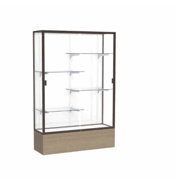 Reliant Driftwood Oak case, White Laminate Back w/ Dark Bronze aluminum frame finish, 72"H x 48"W x 16"D - Click to enlarge