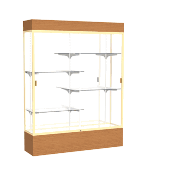 Reliant Lighted Carmel Oak case, Mirror Back w/ Champagne aluminum frame finish, 80"H x 60"W x 16"D - Click to enlarge