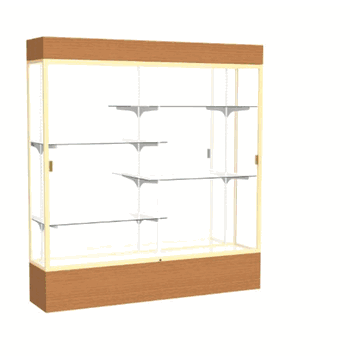 Reliant Lighted Carmel Oak case, Mirror Back w/ Champagne aluminum frame finish, 80"H x 72"W x 16"D - Click to enlarge