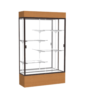 Reliant Lighted Carmel Oak case, Mirror Back w/ Dark Bronze aluminum frame finish, 80"H x 48"W x 16"D - Click to enlarge