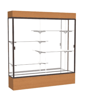Reliant Lighted Carmel Oak case, Mirror Back w/ Dark Bronze aluminum frame finish, 80"H x 72"W x 16"D - Click to enlarge