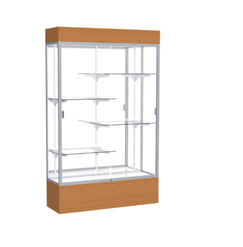 Reliant Lighted Carmel Oak case, Mirror Back w/ Satin Natural aluminum frame finish, 80"H x 48"W x 16"D - Click to enlarge