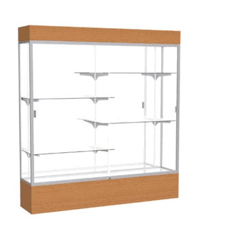 Reliant Lighted Carmel Oak case, Mirror Back w/ Satin Natural aluminum frame finish, 80"H x 72"W x 16"D - Click to enlarge