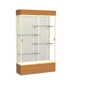 Reliant Lighted Carmel Oak case, Plaque Fabric Back w/ Champagne aluminum frame finish, 80"H x 48"W x 16"D - Click to enlarge