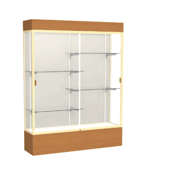 Reliant Lighted Carmel Oak case, Plaque Fabric Back w/ Champagne aluminum frame finish, 80"H x 60"W x 16"D - Click to enlarge