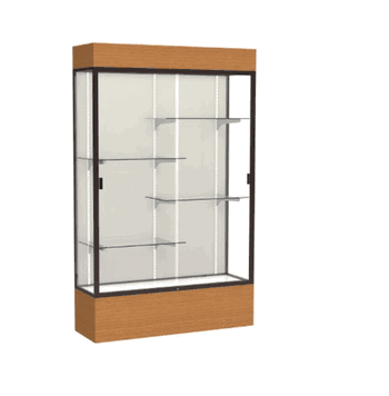 Reliant Lighted Carmel Oak case, Plaque Fabric Back w/ Dark Bronze aluminum frame finish, 80"H x 48"W x 16"D - Click to enlarge