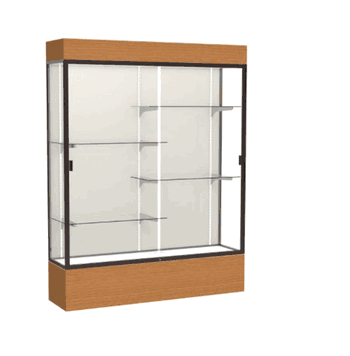 Reliant Lighted Carmel Oak case, Plaque Fabric Back w/ Dark Bronze aluminum frame finish, 80"H x 60"W x 16"D - Click to enlarge