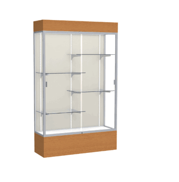 Reliant Lighted Carmel Oak case, Plaque Fabric Back w/ Satin Natural aluminum frame finish, 80"H x 48"W x 16"D - Click to enlarge