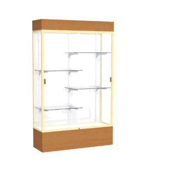 Reliant Lighted Carmel Oak case, White Laminate Back w/ Champagne aluminum frame finish, 80"H x 48"W x 16"D - Click to enlarge