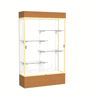 Reliant Lighted Carmel Oak case, White Laminate Back w/ Champagne aluminum frame finish, 80"H x 48"W x 16"D - Click to enlarge