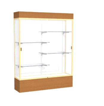 Reliant Lighted Carmel Oak case, White Laminate Back w/ Champagne aluminum frame finish, 80"H x 60"W x 16"D - Click to enlarge